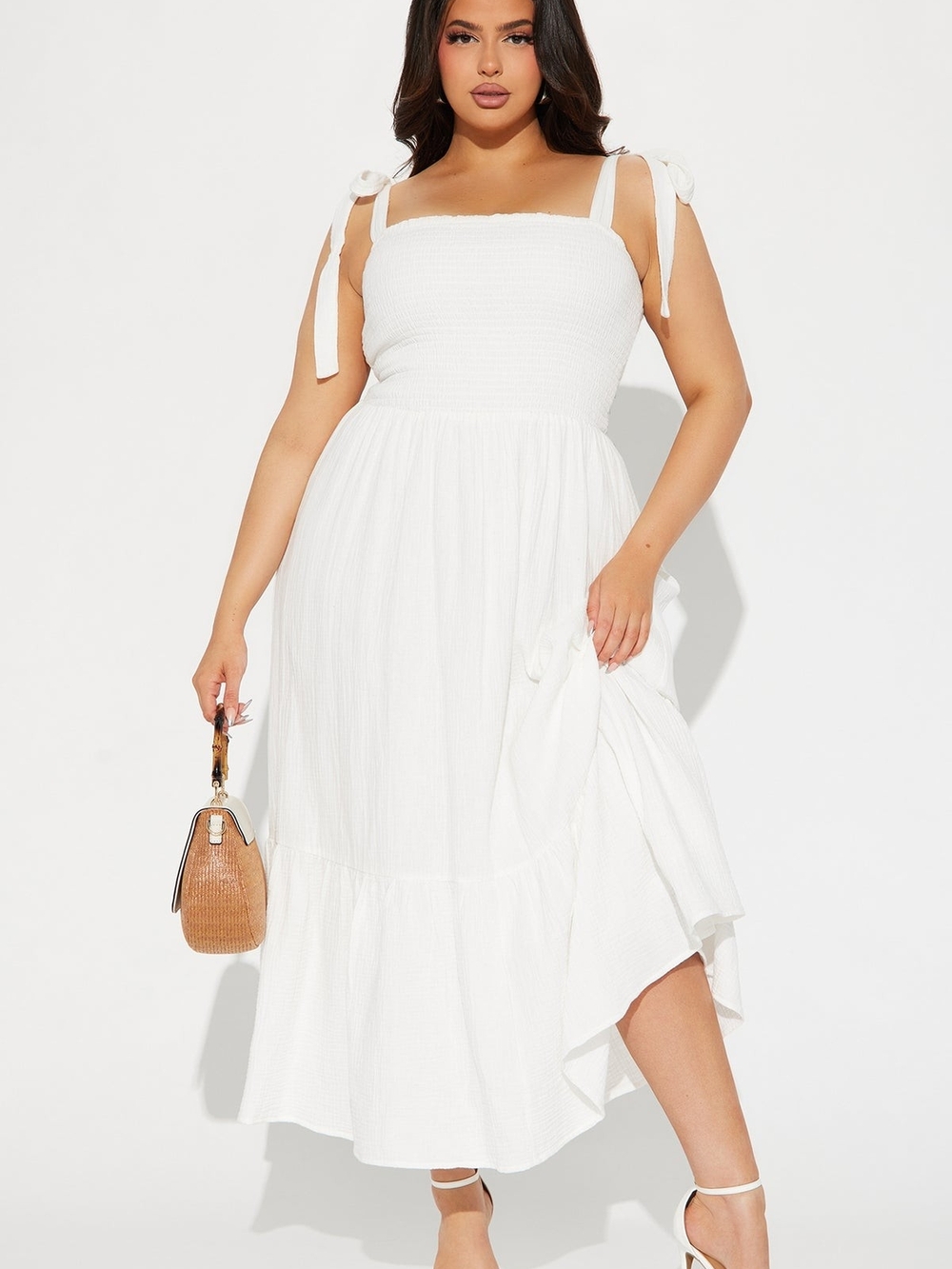 Brand NEW White Tie-Shoulder Smocked Maxi Dress Fashion NOVA CURVE